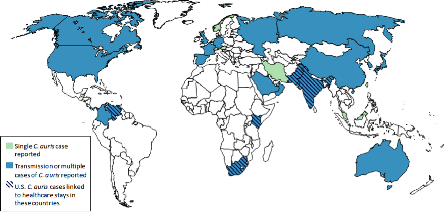 C.auris cases by country. From CDC (2019)