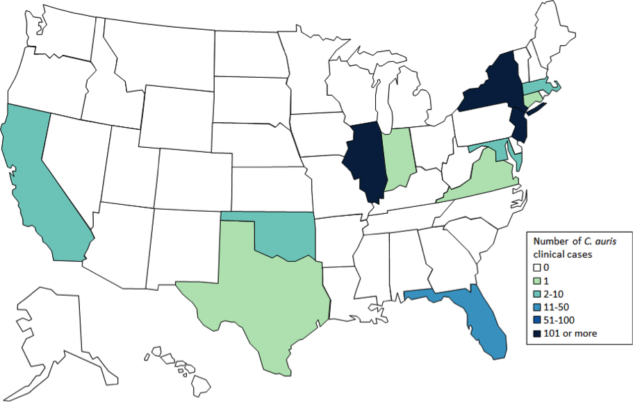 Clinical cases of Candida auris reported by CDC as of February 28, 2019: by U.S. state. From CDC (2019).