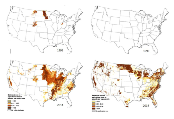 Estimated agricultural use (EPest-high) of fungicides tetraconazole (left) and boscalid (right) in pounds per U.S. square mile, 1999 and 2014. State-based and other restrictions on pesticide use were not incorporated into EPest-high or EPest-low estimates. EPest-low estimates usually reflect these restrictions because they are based primarily on surveyed data. EPest-high estimates include more extensive estimates of pesticide use not reported in surveys, which sometimes include States or areas when use restrictions have been imposed. Users should consult with State and local agencies for specific use restrictions. National Water-Quality Assessment (NAWQA) Project/USGS/ARERC.