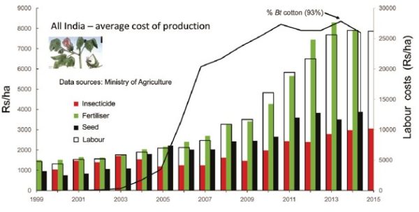 Figure 2. Ministry of Agriculture data on national costs of production against a background of percent Bt cotton adoption (solid line) and stagnant yields (see Figure 1)