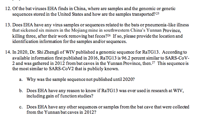 Energy commerce committee letter to Peter Daszak questions 12 to 14
